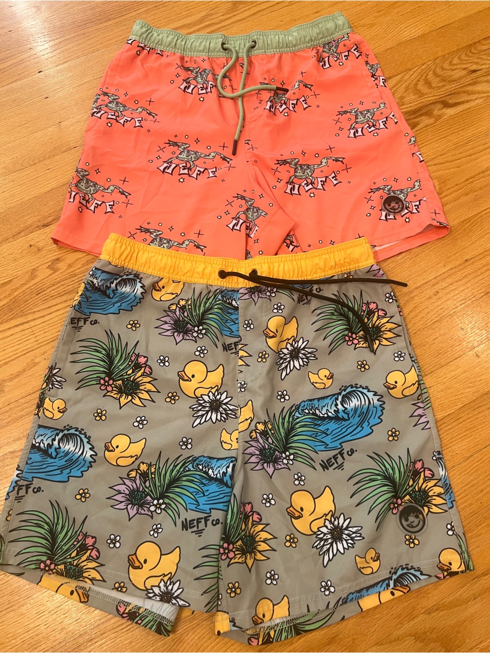 2 pair Neff duckies (NWOT) & Frogs (wore once) swim trunks shorts